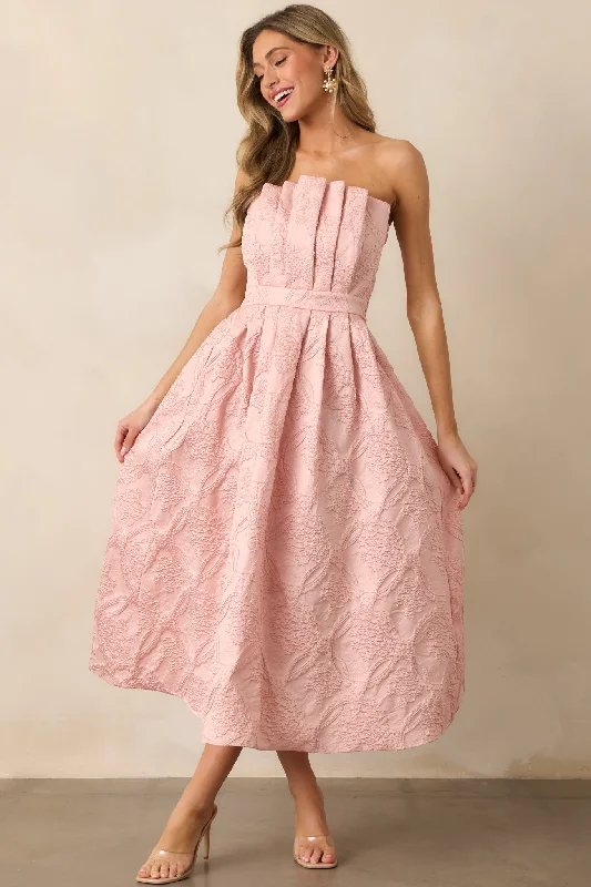 The Genevieve Blush Floral Jacquard Strapless Midi Dress Trend Alert