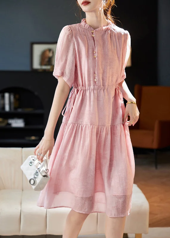 Style Pink Ruffled Drawstring Patchwork Chiffon Dresses Summer Hot Styles