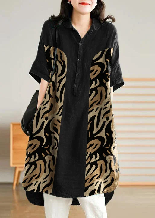 Jade  black leopard print Linen Women Casual Linen Shirt Dress Chic Style