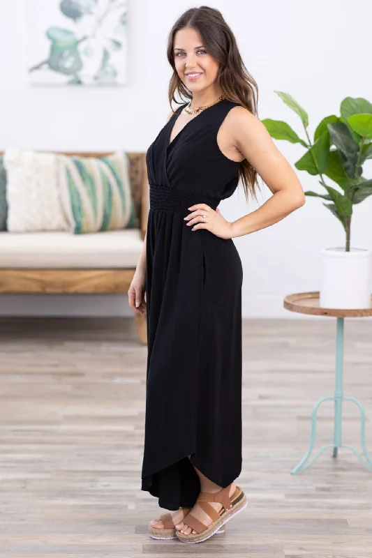 Black Surplice Front Smocked Waist Jumpsuit Unbeatable Prices