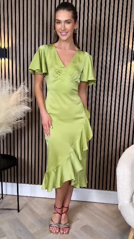 Karen Lime Green Frill Detail Midi Dress Ends Soon