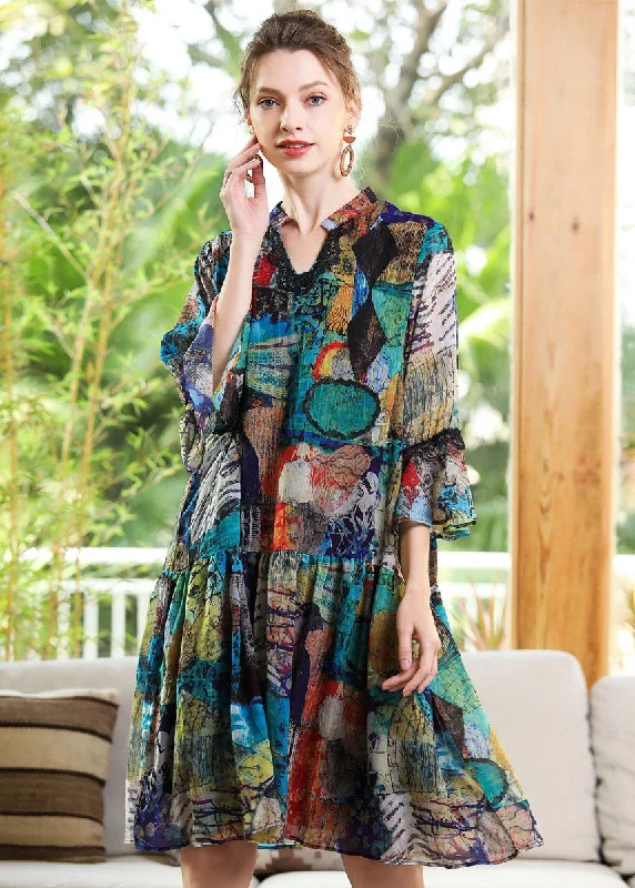 Modern Blue V Neck Patchwork Print Chiffon Party Dress Bracelet Sleeve Charming Silhouette