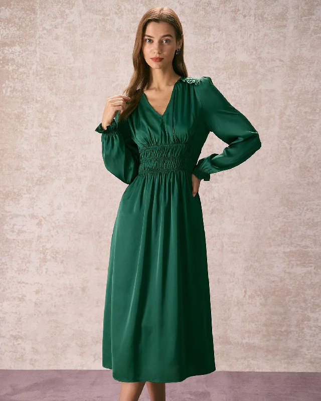 The Green V Neck Ruched Satin Midi Dress Trendy Pulse