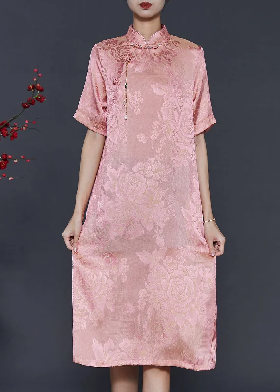 Women Pink Tasseled Jacquard Silk Dresses Summer Casual Weekend Relaxed Style