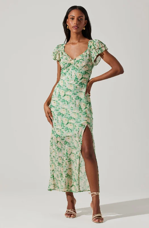 Maisy Floral Flutter Sleeve Midi Dress Soft Textures