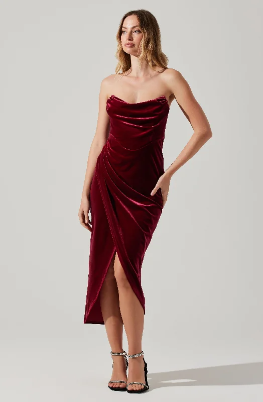 Meghan Velvet Draped Midi Dress Flash Sales