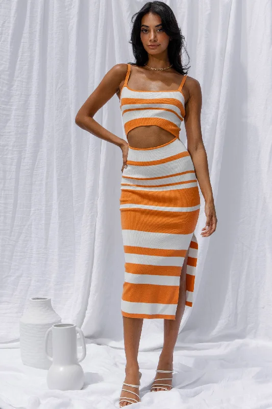 Dayana Cut-Out Waist Side Split Knit Midi Dress Striped Orange Trend Alert