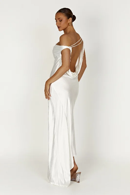 Yvette Slip Maxi Dress With Asymmetrical Hem - White Evening Elegance