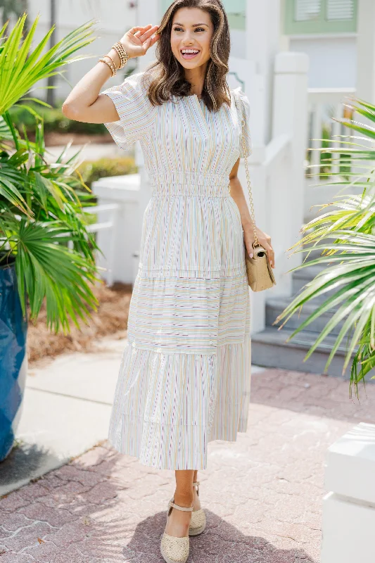 Fate: Stay Where You Are Cream White Striped Midi Dress Trend Leading Collection