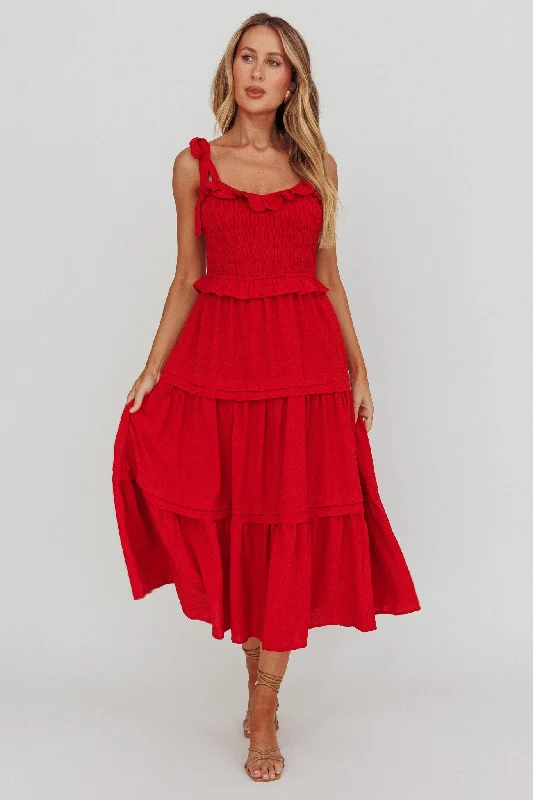 Paprika Tied Shoulder Shirred Midi Dress Red Best Seller