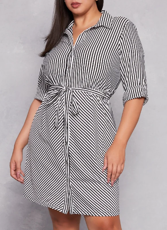 Plus Size Striped Button Front Tabbed Sleeve Shirt Dress Must Haves