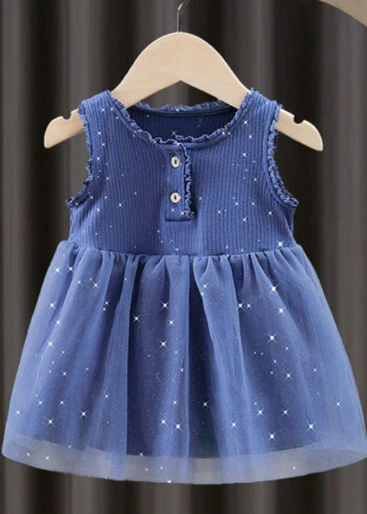 Unique Blue Ruffled Button Patchwork Tulle Kids Girls Dresses Sleeveless Chic Styles