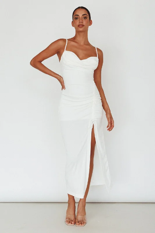 Samba Night Drawstring Ruched Midi Dress White Dive Into Trendy Styles