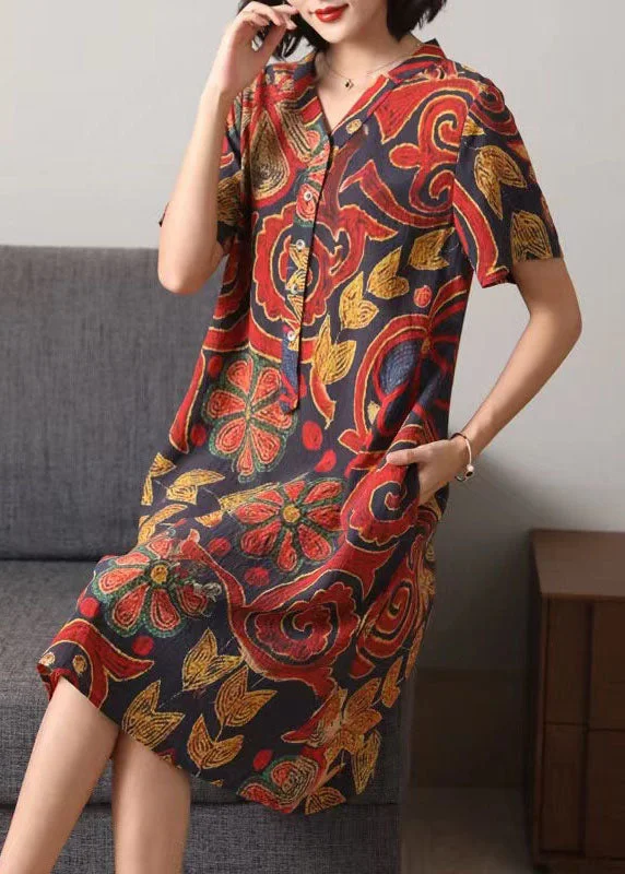 Bohemian Red V Neck Button Print Patchwork Cotton Mid Dress Summer Browse Our Top Products