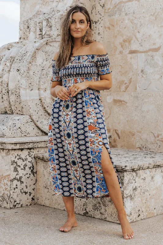 Multi Print Off The Shoulder Midi Dress Romantic Date - Night Ensemble