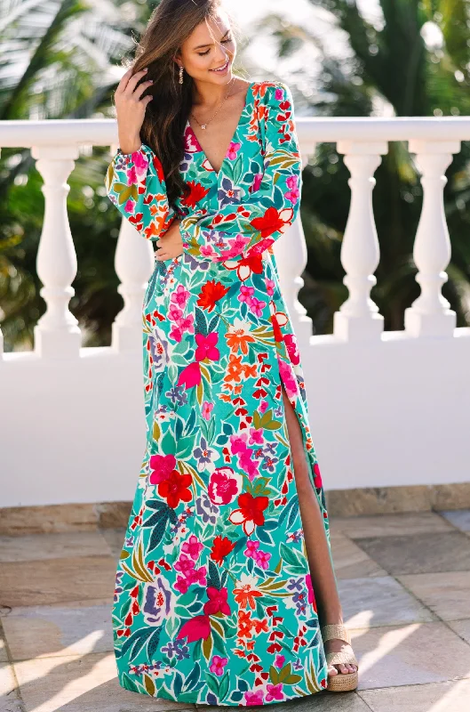 Just Feels Right Teal Blue Floral Maxi Dress Trendy Aesthetics