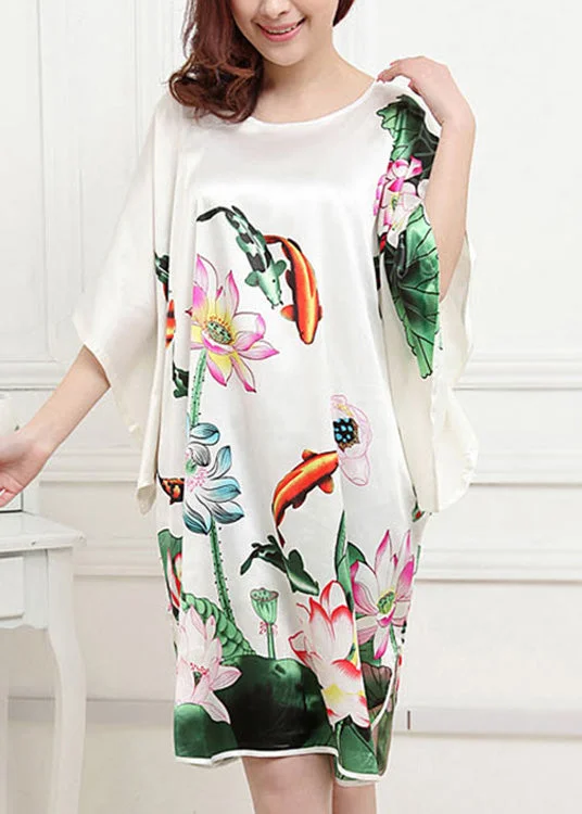 Classy White O-Neck Lotus Mid Dress Summer Pajamas Vintage Inspired Fashion Sale