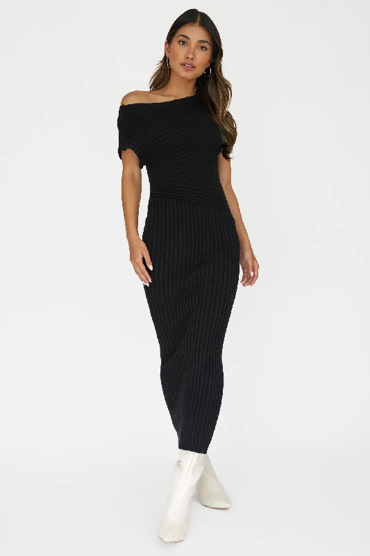 Kaelyn Asymmetric Neck Knit Maxi Dress Black Comfort First Women's Wear