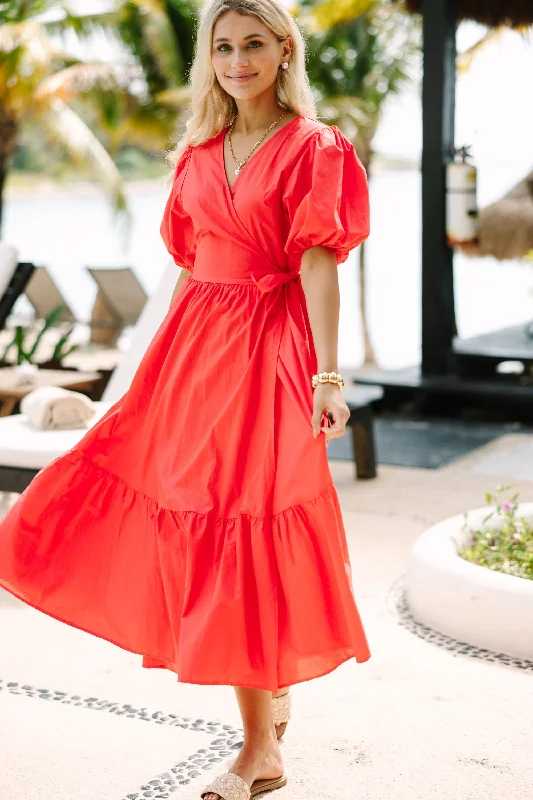 Can't Stop You Coral Red Poplin Midi Dress Classic Appeal