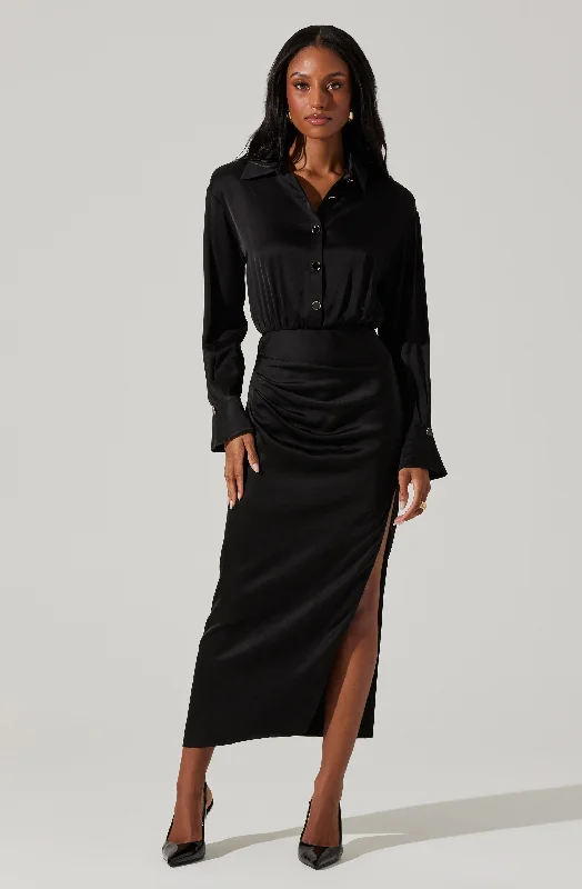 Elizabello Satin Midi Shirt Dress End Of Month Blowout