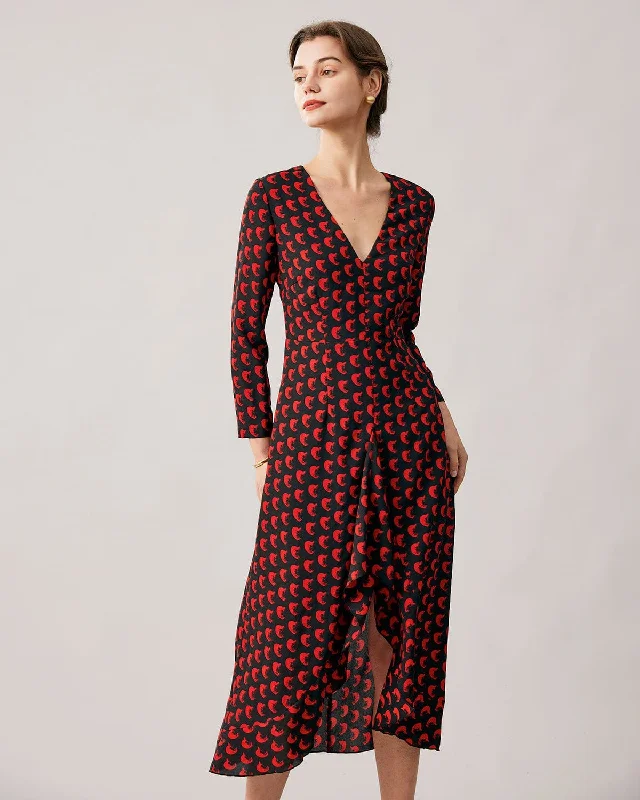 The Red V Neck Slit Long Sleeve Midi Dress Elevated Style