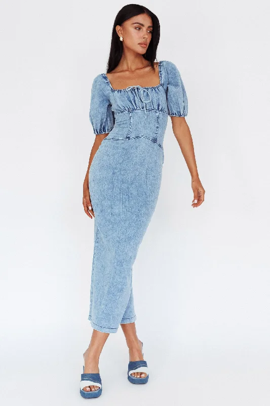 Juneau Puff Sleeve Midi Dress Denim Blue Dreamy Draping