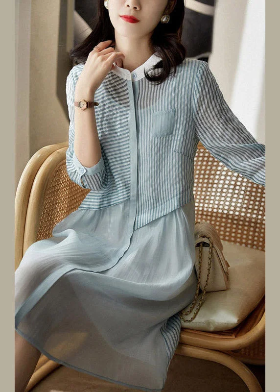 Blue O-Neck Button Tulle Holiday Dress Long Sleeve Trendy Clothing Sale