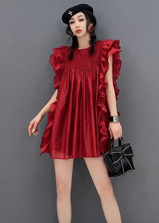 Sexy Red O-Neck Ruffles Wrinkled Chiffon Dress Short Sleeve First Order Discount