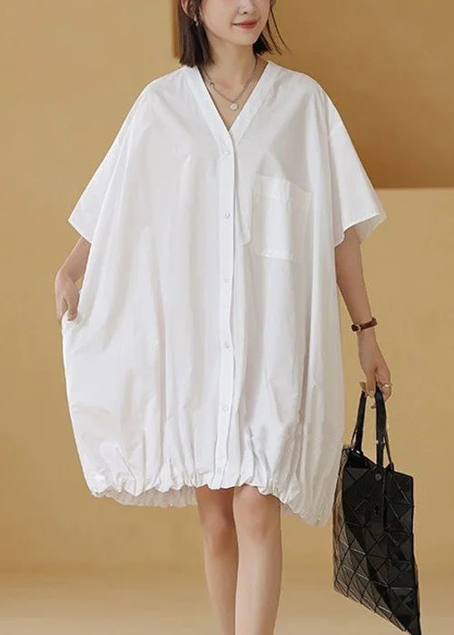 White Wrinkled Pockets Cotton Blouses Mid Dress V Neck Summer End Of Season Clearance