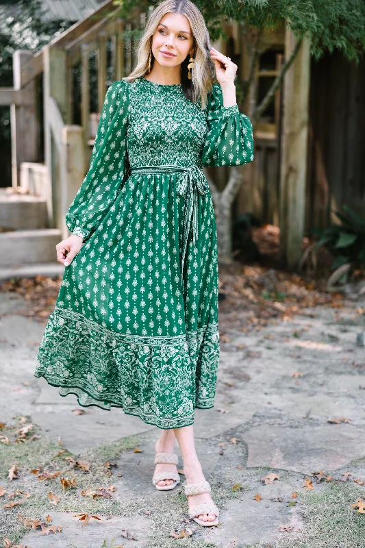 Tell Your Story Green Mixed Print Midi Dress Holiday Glam