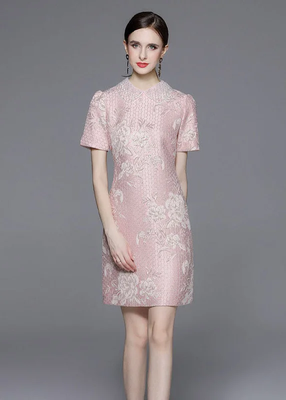 Style Pink Peter Pan Collar Jacquard Patchwork Cotton Mid Dress Summer Season Sale