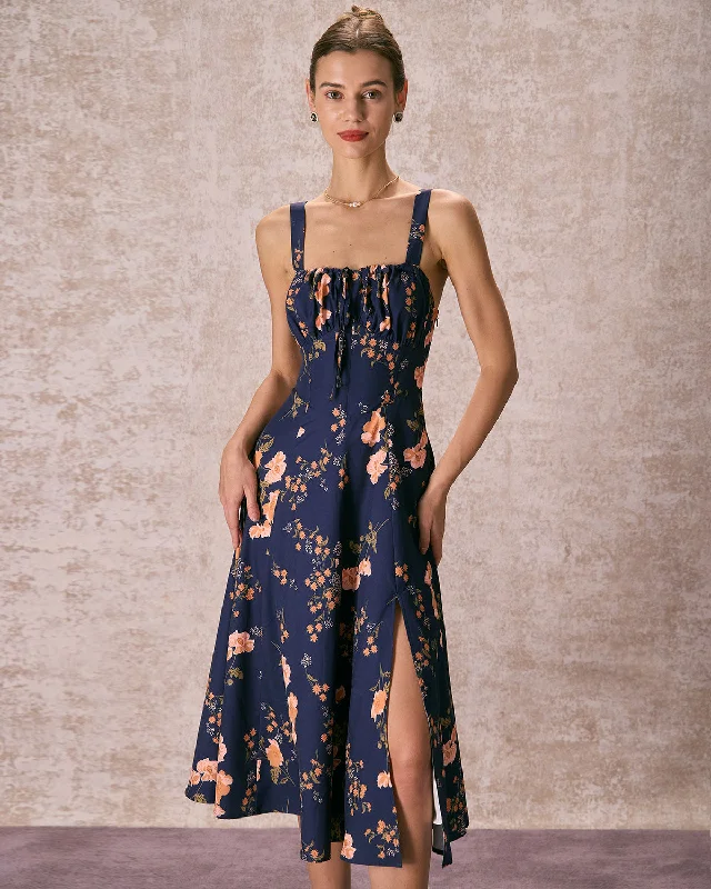 The Navy Lace Up Floral Ruched Midi Dress Urban Femme Streetwear