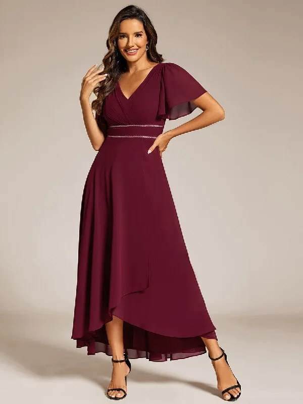 Yolanda | Double V-Neck Waist Trimmed Chiffon Formal Evening Dress Comfort Centric Apparel