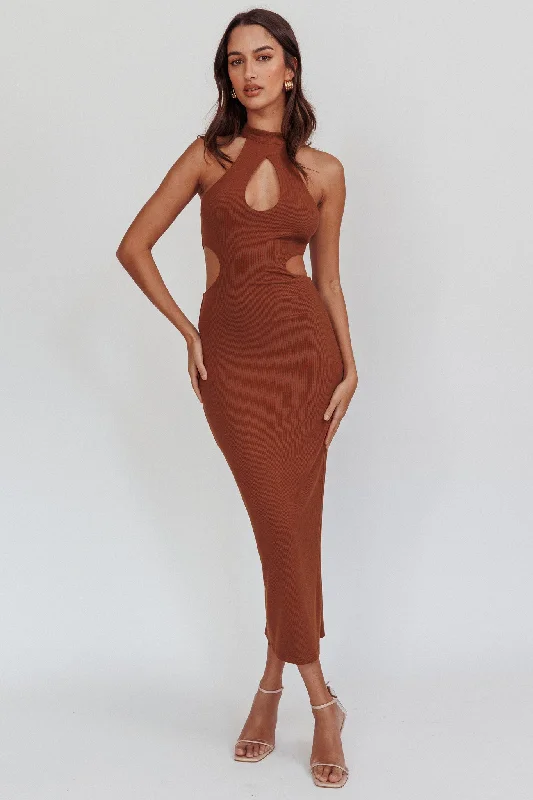 Estella Keyhole Ribbed Midi Dress Brown Chic Outfits