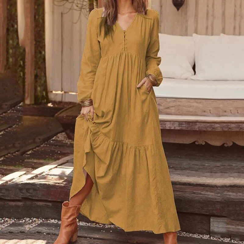 BerriesJam - 2024 Vintage Solid Color Long Sleeve V-neck A-Line Dress Classic Women's Fashion