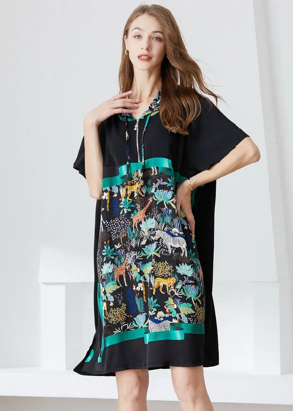 Italian Black Hooded Patchwork Print Chiffon Dress Summer Clearance Event