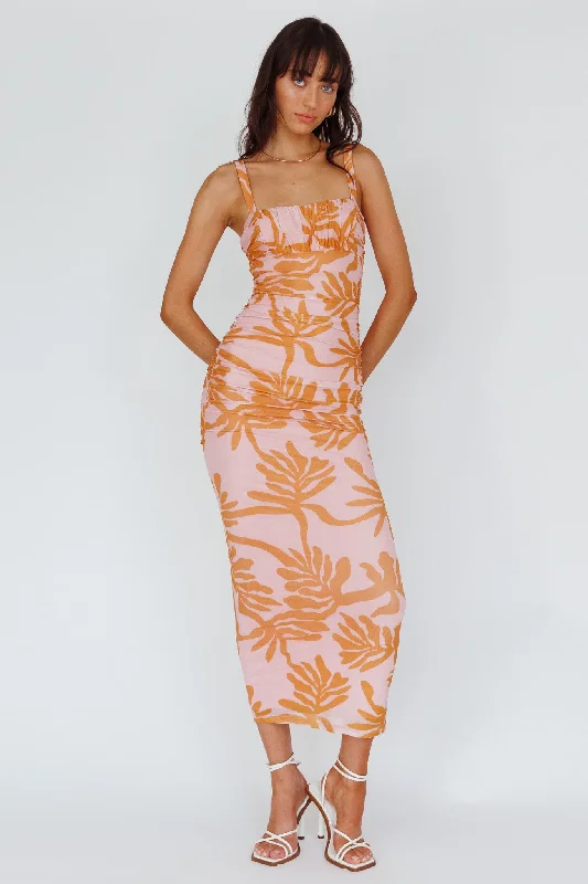 Hawaiian Sun Ruched Bust Midi Dress Print Pink Timeless Elegance Redefined