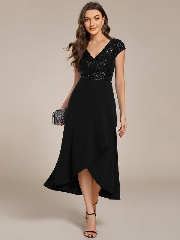 Short Sleeve V-Neck Midi Sequin Formal Dress with Chiffon Stylish Looks