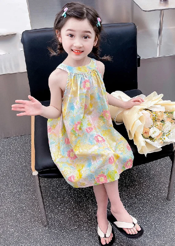 Lovely O-Neck Print Cotton Girls Slip Mid Dress Sleeveless Modern Women's Fashion