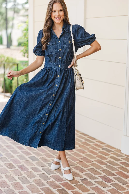 Still The One Medium Wash Denim Midi Dress Classic Women's Fashion