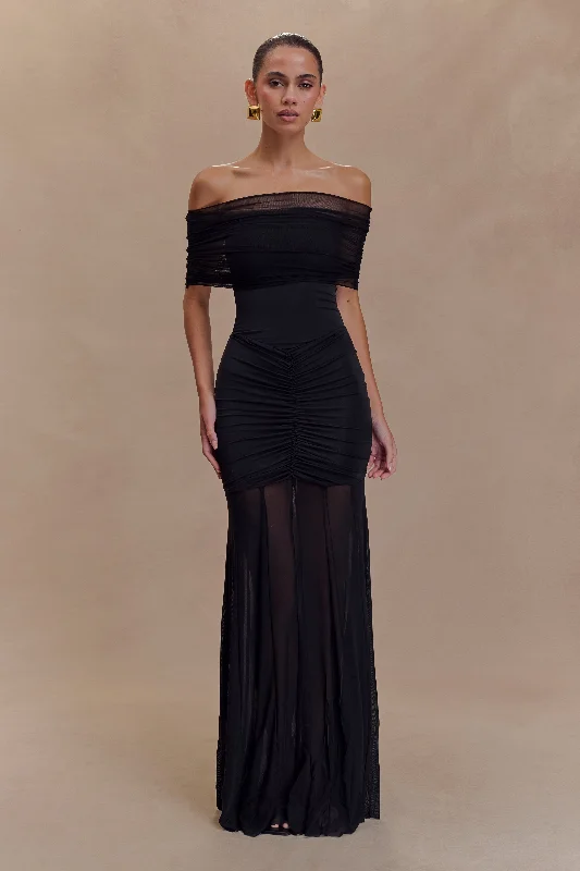 Caspian Slinky And Mesh Off Shoulder Maxi Dress - Black Y2K Nostalgic Fashion Look