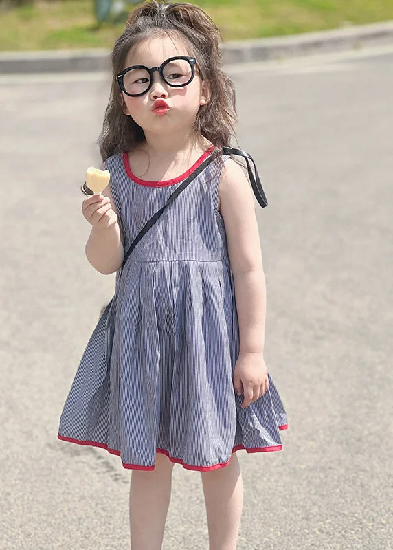 Simple Blue Striped Patchwork Kids Strap Mid Dress Sleeveless Today Only