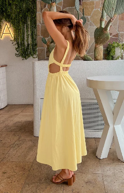 Kensington Yellow Backless Midi Dress Seasonal Trend