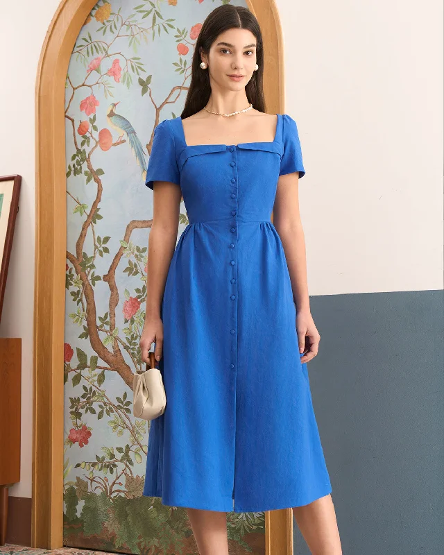 The Blue Sweetheart Neck Button Midi Dress Comfort First Women's Fashion