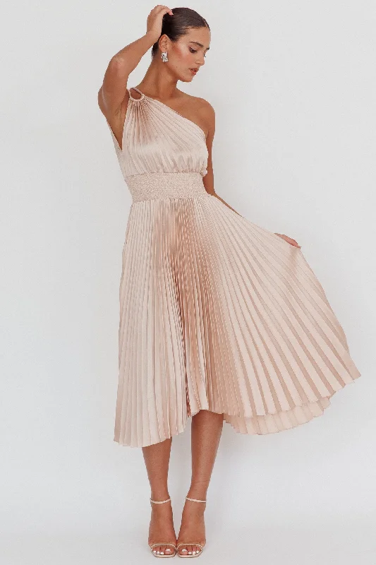 Calissa One Shoulder Pleated Midi Dress Champagne Big Savings On Rustic Countryside Styles