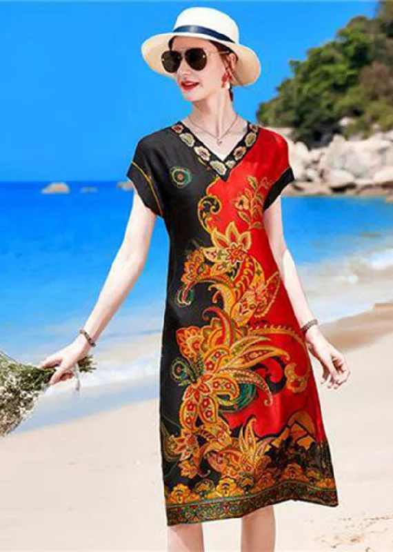 French Red Black V Neck Print Draping Silk Vacation Dress Short Sleeve Y2K Nostalgic Fashion Look