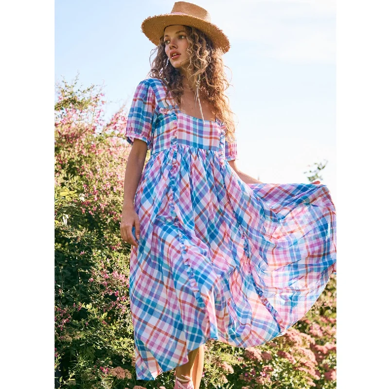 BerriesJam - 2024Plaid Pattern Square Neck Lantern Sleeve Maxi Dress Alluring Design