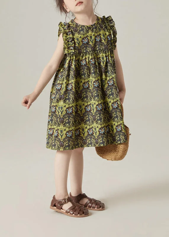 Boho Green O-Neck Print Ruffled Wrinkled Cotton Girls Mid Dress Sleeveless Modern Glamour