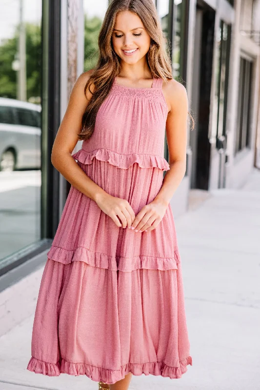 Celebrate Yourself Terracotta Pink Ruffled Midi Dress Effortless Style