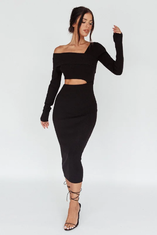 Tamar Long Sleeve One-Shoulder Midi Dress Black Elegant Style